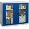Blue-gray cabinet with glass doors, filled with tools and accessories. The cabinet has a black lock.