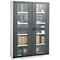 Dark grey filing cabinet with glass doors, filled with folders and objects. The doors are locked.