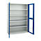 An open steel cabinet with blue-bordered doors revealing the shelves.