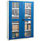 Blue cabinet with glass doors, filled with items.