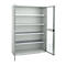 Light gray steel cabinet with open door. Interior shelves. White background.