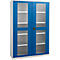 Blue and white cabinet with glass doors and shelves.