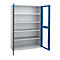 An open steel cabinet with blue frames and white interiors. The shelves are empty. The doors are open.
