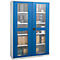 Blue cabinet with glass doors and white shelves filled with books, tools and boxes.