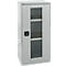Cabinet with glass door, handle, and ventilation slots.