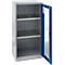Open steel cabinet with three shelves. The door is blue, the body light gray.