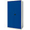 Blue steel cabinet with two doors, black handle and gray side panels. Small ventilation slots at the bottom.