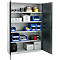 Open gray steel cabinet with inventory. Blue bins, rolls, black cases and boxes are stowed.