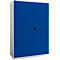 Blue cabinet with two doors, black handle and white frame.
