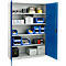 An opened steel cabinet with a blue door, filled with various materials such as rolls, plastic containers and boxes.