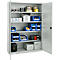Open, gray steel cabinet with shelves filled with blue containers and tools.