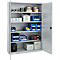 Grey steel cabinet, open. Blue plastic boxes and various materials are stored on the shelves.