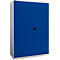 Blue metal cabinet with two doors, black handle. The body is white-gray.
