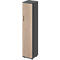 A tall, narrow cabinet with a wooden front and anthracite-colored sides and top. An elongated handle. Standing on small feet.