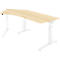 Desk with light brown tabletop and white height-adjustable frame. The shape is slightly curved.