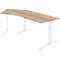 An ergonomic height-adjustable desk made of light wood with white legs, against a white background.