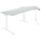 A white height-adjustable desk with a curved tabletop. Three legs with white frame, light gray tabletop.