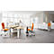 An office space featuring desks, swivel chairs, and a large window. Orange chairs add accents to the modern ambiance.