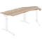 A light-colored, L-shaped desk with a wooden top and white height-adjustable legs.
