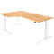 Light brown corner desk with white frame. The table has an ergonomic shape and height-adjustable feet.