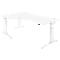 White, height-adjustable corner desk, with an L-shaped design and steel legs.