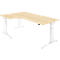 L-shaped desk, light wood with white legs. Electrically height adjustable.