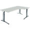 Light grey corner desk, height adjustable. Metal legs, rounded corner.