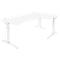 White, L-shaped desk with adjustable height legs. The tabletop has a rounded corner.