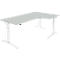 White, height-adjustable corner desk, light grey table top, detailed view.