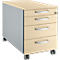 Beige and grey rolling cabinet with four drawers, silver handles, casters, and a lock.