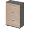 Three-drawer filing cabinet with wood grain, gray top, and silver handles.