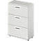 White file cabinet with three drawers and silver handles. The cabinet is standing on small, round feet.