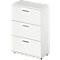 White file cabinet with three drawers and silver handles. A keyhole on top.