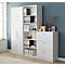 A white office combination of cabinet, shelves, and drawers. File folders and office supplies are stored.