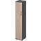 Wooden cabinet with gray sides and top. Wood-look handle.