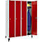 A red locker with three doors. One door is open showing clothes and a helmet.