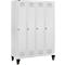 White locker with four doors, handles and ventilation holes. The locker stands on four black feet.
