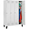 A white locker with three doors. One door is open, showing clothes, a cap and a helmet.