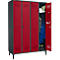 Red locker with three closed doors and one open door showing clothes and equipment.