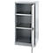 Gray steel cabinet with open door, three shelves, patterned holes at the bottom.