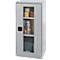 Gray steel cabinet with glass front. Inside, rolls of paper, tools, and boxes. Black door handle and ventilation slots.