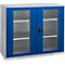 Blue and white cabinet with glass panes, black handle and shelves. The cabinet doors are closed.