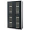 Dark grey office cabinet with glass front, two doors, handle and shelves.