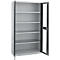 Open grey cabinet with glass and five shelves.