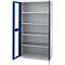 Open steel cabinet with white shelves and blue doors.