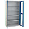 Open, grey steel cabinet with blue frames and shelves. The left door is fully open.