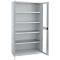 Grey metal cabinet, door open. Interior shelves, empty.