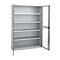Gray steel cabinet with four shelves, one door open, the other closed.
