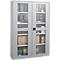 Gray steel cabinet with glass doors filled with tools and accessories.