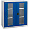 Cabinet with glass doors, blue border, black handle.